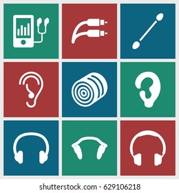 Ear icons set. set of 9 ear filled icons such as hay, ear, cotton buds, mp3 player, earphones, earphone wire, headset