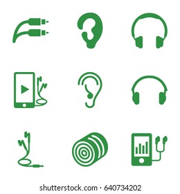 Ear icons set. set of 9 ear filled icons such as hay, ear, mp3 player, phone and earphones, earphones, earphone wire