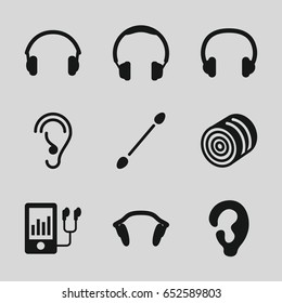 Ear icons set. set of 9 ear filled icons such as hay, ear, cotton buds, mp3 player, earphones, headset