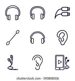 ear icons set. Set of 9 ear outline icons such as ear, cotton buds, phone and earphones, earphones, earphone wire, headset