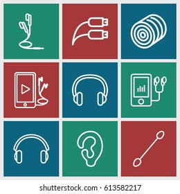 Ear icons set. set of 9 ear outline icons such as hay, ear, cotton buds, mp3 player, phone and earphones, earphones, earphone wire