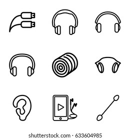 Ear icons set. set of 9 ear outline icons such as hay, ear, cotton buds, phone and earphones, earphones, earphone wire, headset