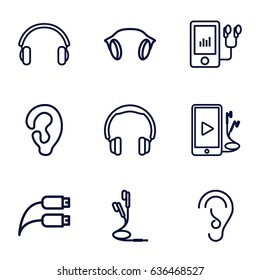 Ear icons set. set of 9 ear outline icons such as ear, mp3 player, phone and earphones, earphones, earphone wire