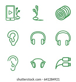 Ear icons set. set of 9 ear outline icons such as hay, ear, phone and earphones, earphones, earphone wire, headset