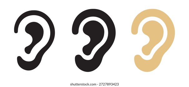 Conjunto de ícones de ouvido. Símbolo de Audição, Preto e Bege, Isolado no Fundo Branco.
