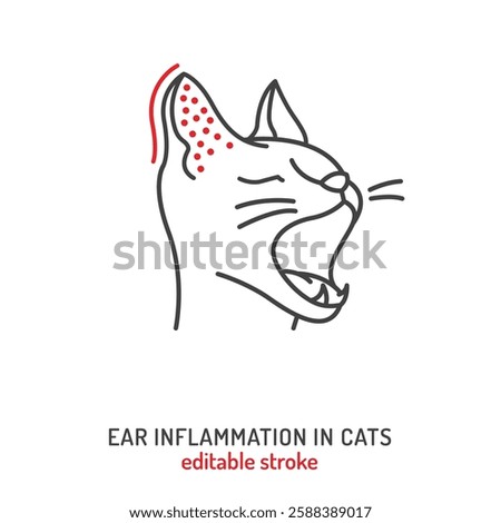 Ear infection in cat. Linear icon, pictogram, symbol. Common disease. Veterinarian concept. Editable isolated vector illustration in outline style on a white background