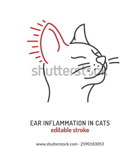 Ear infection in cats. Linear icon, pictogram, symbol. Common disease. Veterinarian concept. Editable isolated vector illustration in outline style on a white background