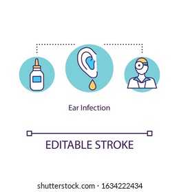 Ear infection concept icon. Examining patient. Sickness treatment. Otolaryngology check. Otitis treatment idea thin line illustration. Vector isolated outline RGB color drawing. Editable stroke