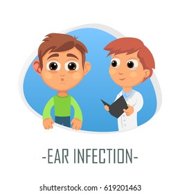 Ear infection medical concept. Vector illustration. Doctor and patient are talking in the hospital. Isolated on white background.