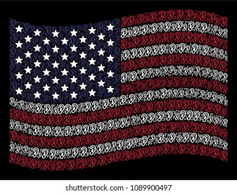 Ear items are arranged into waving American flag mosaic on a dark background. Vector collage of American state flag is formed with ear elements. Designed for political and patriotic applications.
