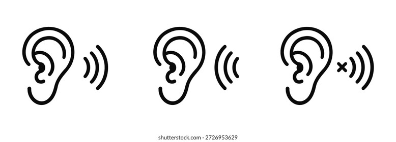 Conjunto de iconos de línea de oído que representan la audición, la escucha y los símbolos sordos. Ilustración vectorial de ondas sonoras y señales mudas aptas para diseños médicos y de accesibilidad