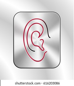  Ear lines icon. Black and red tones. Chrome button. Sound badge, phone sign, eavesdrop... 