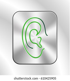  Ear lines icon. Green tones. Chrome button. Sound badge, phone sign, eavesdrop... 