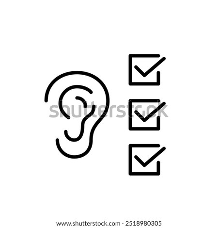 Ear and list of checkmarks. Hearing assessment, regular checkup or active listening test. Pixel perfect vector icon