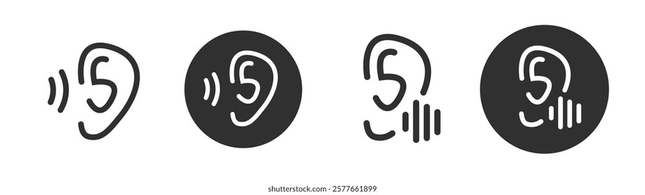 Ear listen hearing sound amplifier icon, audio deaf aid noise pictogram vector simple line stroke solid graphic set, voice health signal speaker logo, acoustic disability technology image clip art