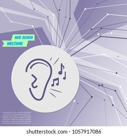 Ear listen sound signal icon on purple abstract modern background. The lines in all directions. With room for your advertising. Vector illustration