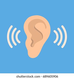 Ear Listen Vector Icon On Blue Background. Ear Vector Icon. Listening Vector Icon.