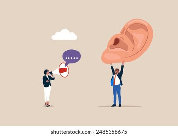 Ear listening bullhorn announcement. Talking message into loudspeaker. Attracting attention. Modern vector illustration in flat style