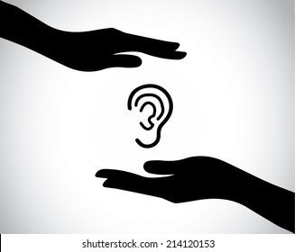 ear or listening check up or protection with hand silhouettes. hands protecting and safeguarding a tender ear - health and medical concept illustration art