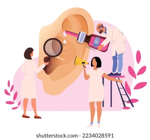 Ear medical examination concept. Hearing loss deaf diagnosis. Doctors at the otolaryngology appointment. Huge patient ear and tiny experts. Flat vector illustration