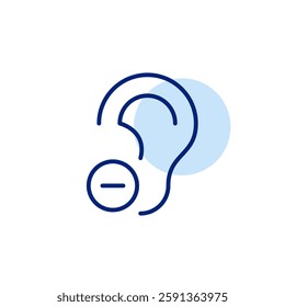 Ear and minus symbol. Audio volume down, hearing protection. Loss of hearing. Pixel perfect, editable stroke vector icon