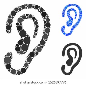 Ear mosaic for ear icon of small circles in variable sizes and color tinges. Vector small circles are combined into blue composition. Dotted ear icon in usual and blue versions.