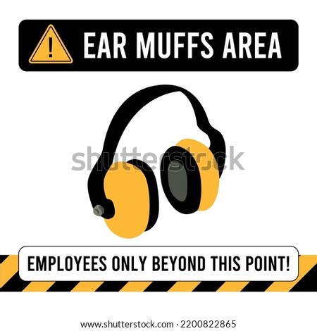 Ear Muffs Area construction safety poster or sign template. Vector illustration of yellow protection earphones, striped band and warning emblem.