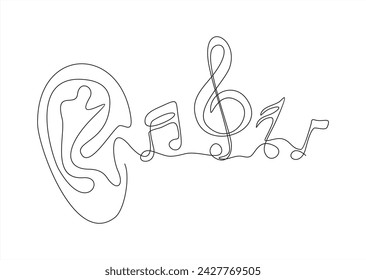 notas de oído y música que vienen. dibujo de línea continua	