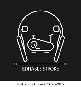 In ear neckband headphones white linear icon for dark theme. Earphones connected to phone. Thin line customizable illustration. Isolated vector contour symbol for night mode. Editable stroke