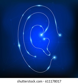  Ear neon lines icon. Authorization scanner, sound badge, phone sign, digital emblem... 