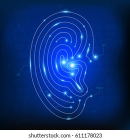  Ear neon lines icon. Authorization scanner, sound badge, phone sign, digital emblem... 