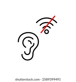 Ear and no wi-fi symbol. Voice commands offline, audio feedback unavailable. Pixel perfect, editable stroke vector icon