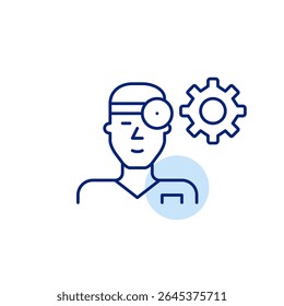 Ear nose throat doctor and cogwheel. Physician interface settings, medical workflow optimization, healthcare technology management, clinical decision support, doctor dashboard configuration. Pixel per