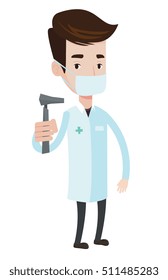 Ear nose throat doctor holding medical tool. Young doctor in medical gown and mask with tools used for examination of ear, nose, throat. Vector flat design illustration isolated on white background.