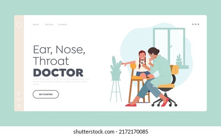 Ear, Nose, Throat Doctor Landing Page Template. Children Checkup, Pediatrician Character Examines Sick Girl With Stethoscope. Check Up at Otolaryngologist Office. Cartoon People Vector Illustration