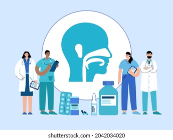 Ear nose throat doctor. Otolaryngology medical center. Otolaryngologist in clinic. Deafness examination and treatment. Ent consultation and appointment. Checkup of human body flat vector illustration.