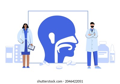 Ear nose throat doctor. Otolaryngology medical center. Otolaryngologist in clinic. Deafness examination and treatment. Ent consultation and appointment. Checkup of human body flat vector illustration.