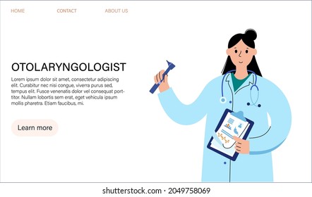 Ear nose throat doctor. Otolaryngology medical center. Otolaryngologist in clinic. Deafness examination and treatment. Ent consultation and appointment. Checkup of human body flat vector illustration.