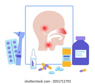 Médico de garganta de nariz. Centro médico de otolaringología. Otolaringólogo en clínica. Examen y tratamiento de la sordera. Entra en consulta y nombramiento. Comprobación de la ilustración del vector plano del cuerpo humano.