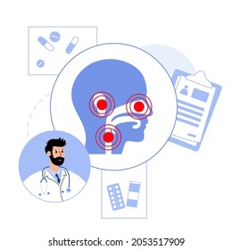 Ohrnasen-Doktor. Medizinisches Zentrum für Otolaryngologie. Otolaryngologe in der Klinik. Taubheitsuntersuchung und Behandlung. Abschluss der Konsultation und Ernennung. Überprüfung des menschlichen Körpers flache Vektorgrafik.