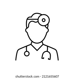 Ear, Nose, Throat Doctor Outline Icon. Otolaryngology Medic Staff with Stethoscope, Mirror Line Icon. Otolaryngologist Doctor Linear Pictogram. Editable Stroke. Isolated Vector Illustration.