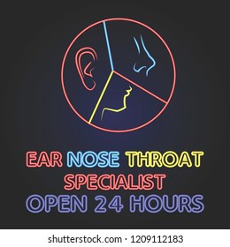 ear nose throat (ENT) neon sign plank for Otolaryngologists  clinic concept