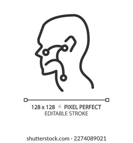 Ear, nose and throat pixel perfect linear icon. Otorhinolaryngological treatment. Medical care to prevent disease. Thin line illustration. Contour symbol. Vector outline drawing. Editable stroke