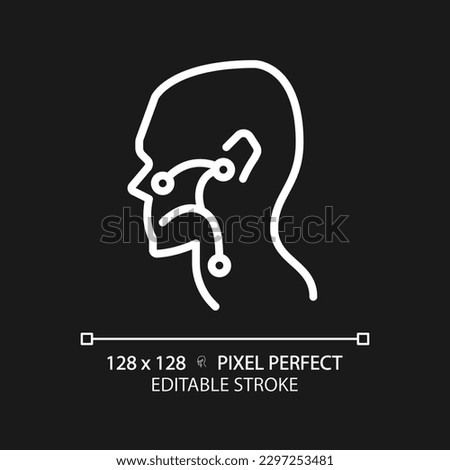 Ear, nose and throat pixel perfect white linear icon for dark theme. Otorhinolaryngological treatment. Medical care. Thin line illustration. Contour symbol. Vector outline drawing. Editable stroke