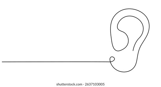 Ear one line drawing and isolated continuous outline vector illustration icon, Human ear continuous one line drawing. Single line editable vector drawing of the hearing part of the body. Concept