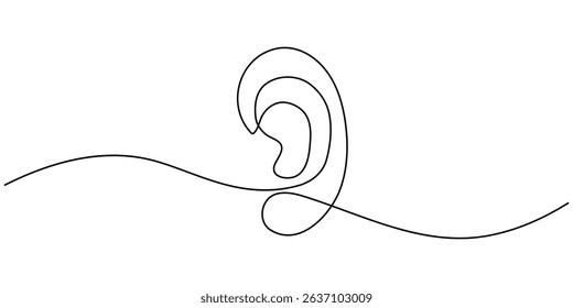 Ear one line drawing and isolated continuous outline vector illustration icon, Human ear continuous one line drawing. Single line editable vector drawing of the hearing part of the body. Concept