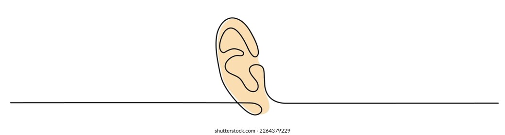 Ear one-line art, hand drawn hearing sensor feelings continuous contour, body part. World deaf day decoration, simple design. Editable stroke. Isolated. Vector illustration