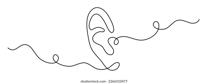 Ear one-line art, hand drawn hearing sensor feelings continuous contour, body part. World deaf day decoration, simple design. Editable stroke. Isolated. Vector illustration