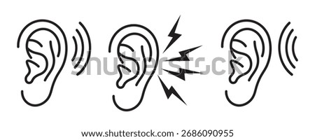 Ear Outline Icons for Normal Hearing, Hearing Loss, and Tinnitus Vector Set 