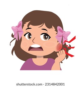 Ear pain or pain. girl is sick, sick and feeling bad. Ear infections due to contaminated water. The child is a patient. Cartoon vector illustration.